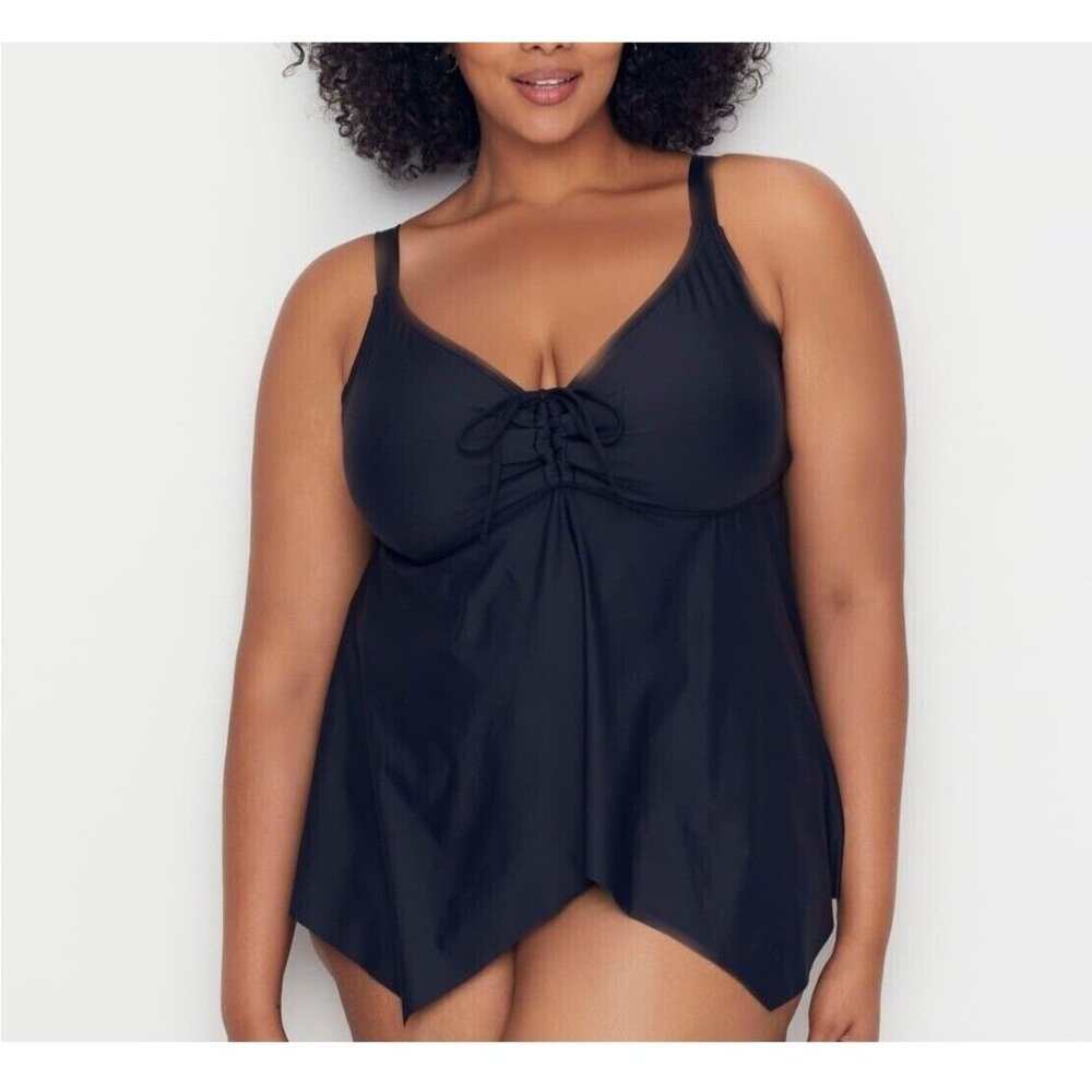 Birdsong Plus Size 18W Black Eco Onyx Sharkbite Underwire Tankini Swim Top Solid